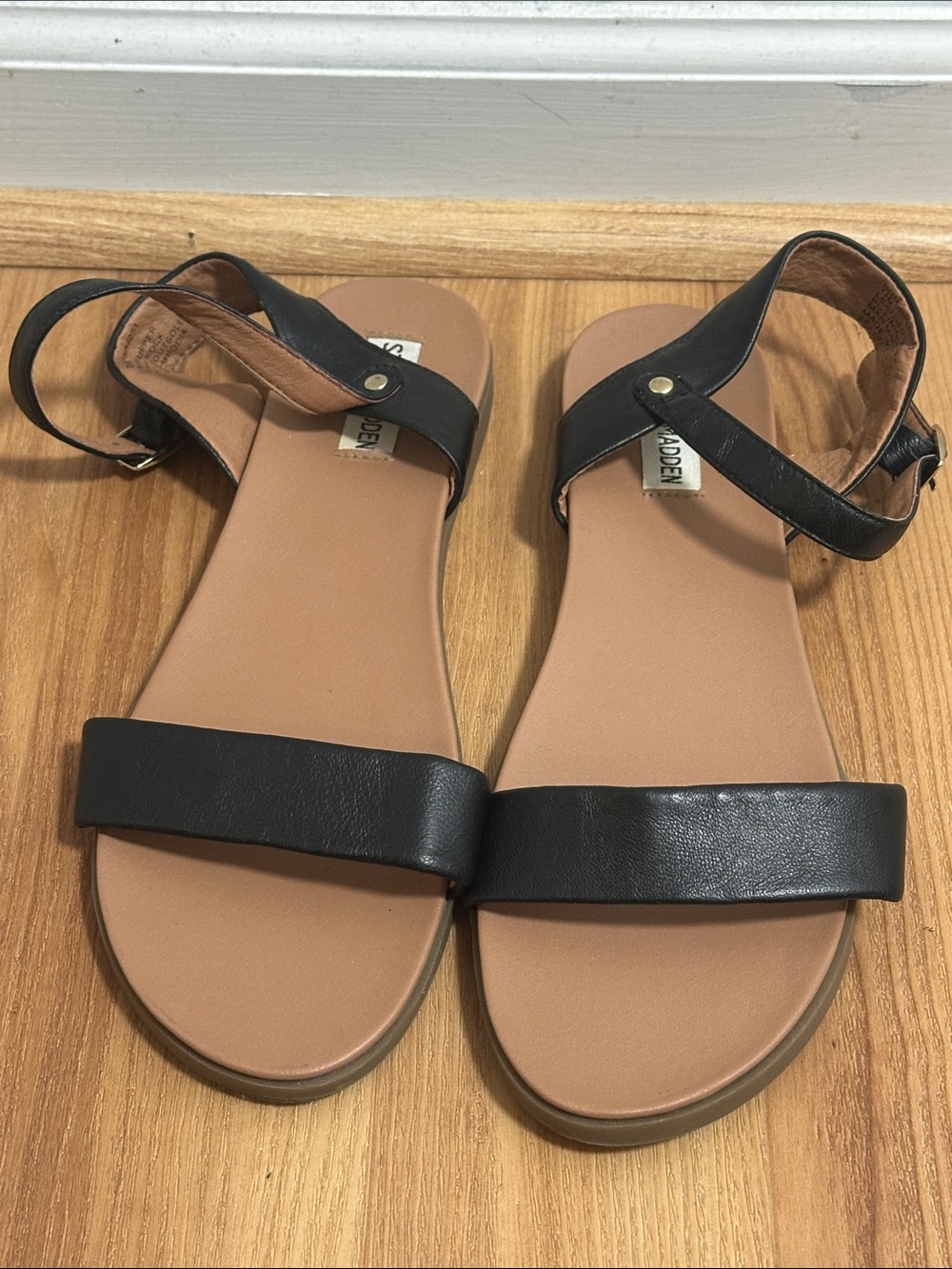 Steve Madden Black and Tan Ankle-Strap Women’s Sandals
